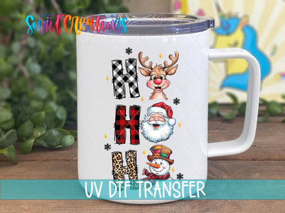 Ho Ho Ho Santa Reindeer Snowman UV DTF transfer on a white stainless steel mug with a lid
