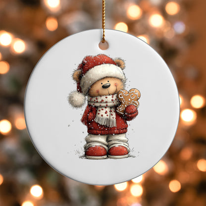 Santa Teddy Bear ornament UV DTF transfer on a round white ornament with a bokeh light background