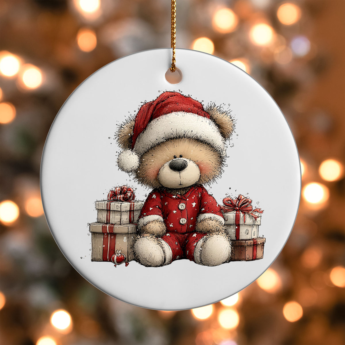 Santa Teddy Bear with Gifts ornament UV DTF transfer on a round white ornament with a bokeh light background