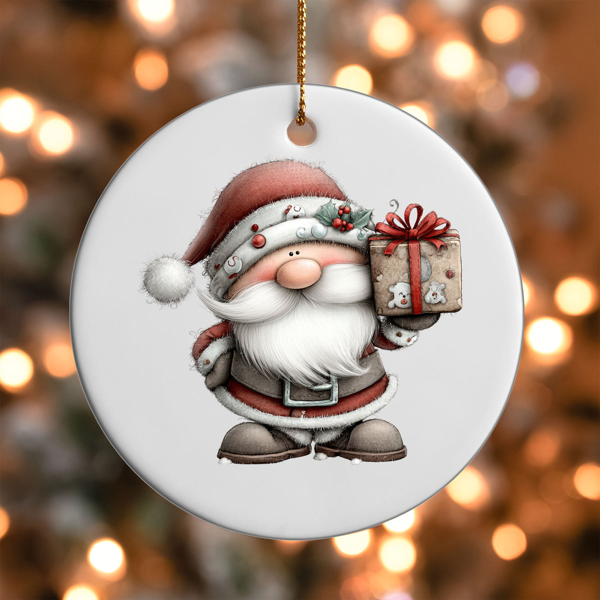 Santa with Gift ornament UV DTF transfer on a round white ornament with a bokeh light background