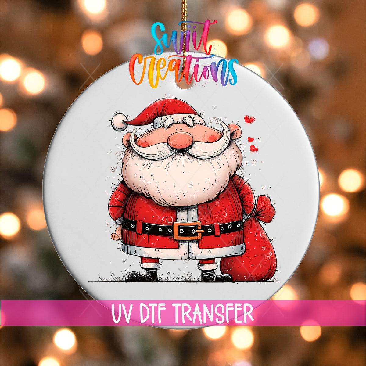 Santa with Hearts Christmas UV DTF Ornament Transfer | O-1328 - Swiit Creations