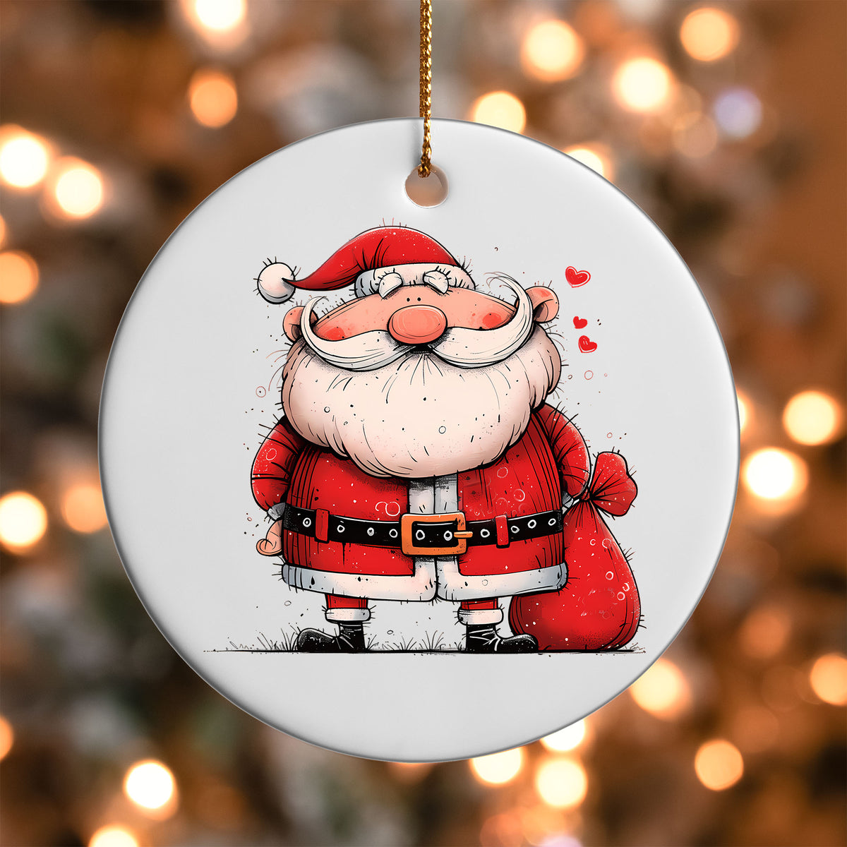 Santa with Hearts ornament UV DTF transfer on a round white ornament with a bokeh light background