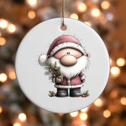 Santa with Pine Sprig ornament UV DTF transfer on a round white ornament with a bokeh light background