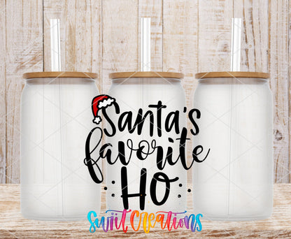 Santa's Favorite Ho UV DTF transfer on frosted glass cans with bamboo lids