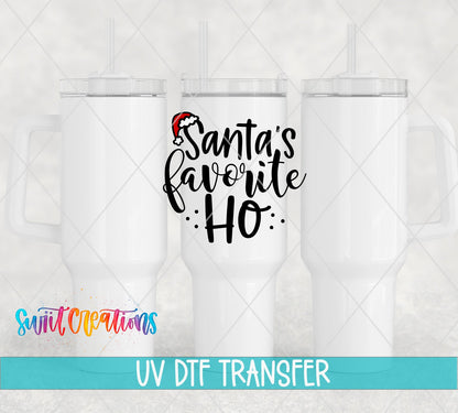 Santa's Favorite Ho UV DTF transfer on white 40 oz tumblers