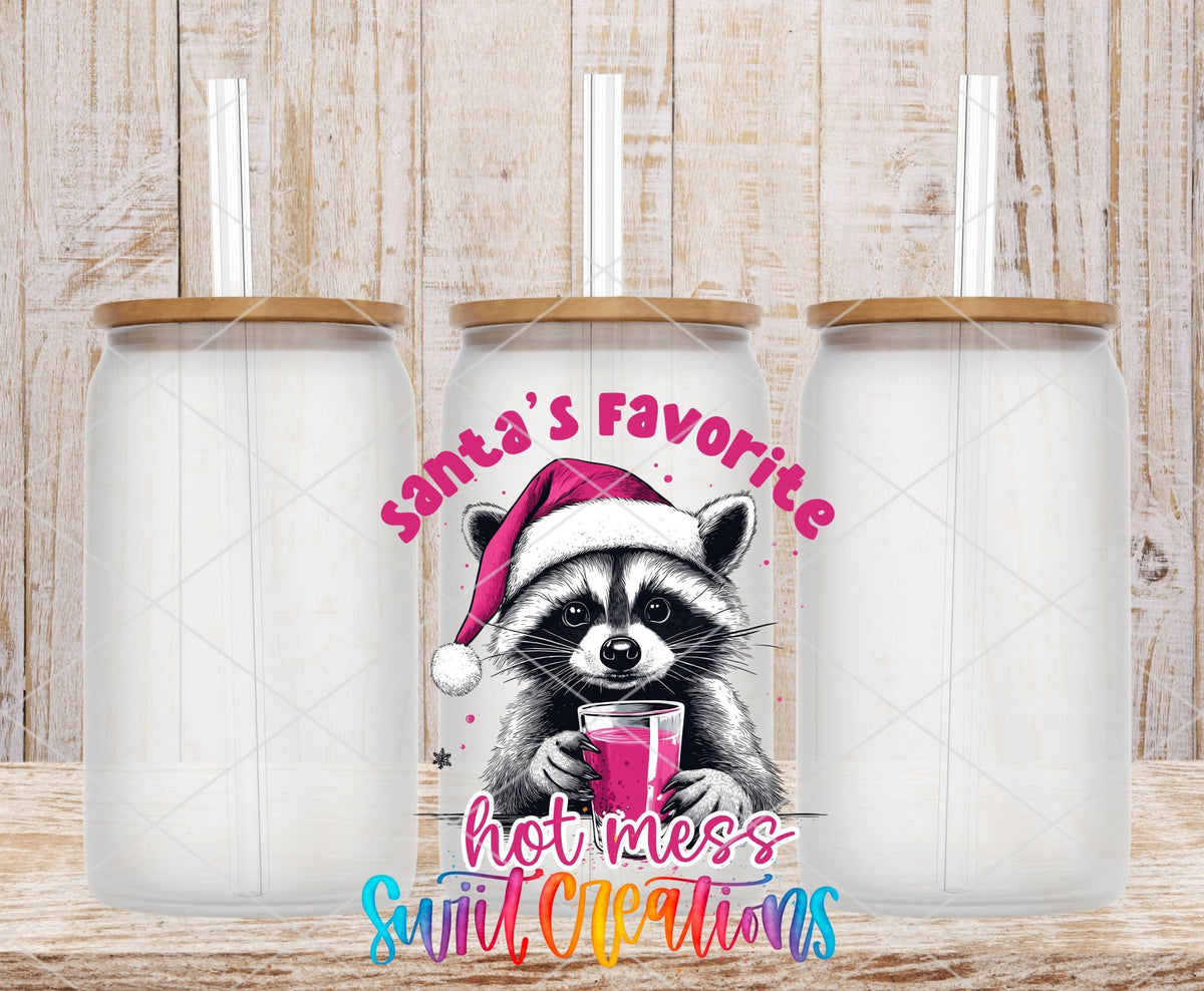 Santa's Favorite Hot Mess UV DTF transfer on frosted glass cans with bamboo lids