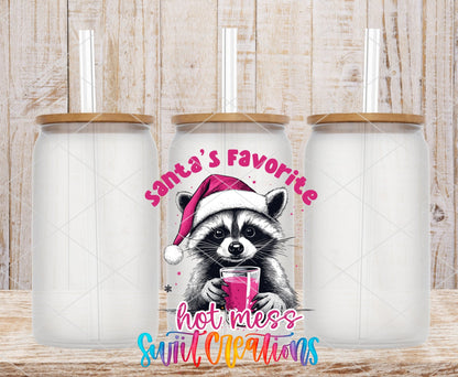 Santa's Favorite Hot Mess UV DTF transfer on frosted glass cans with bamboo lids