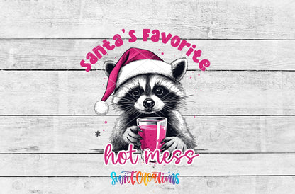 Santa's Favorite Hot Mess UV DTF transfer artwork on a white wood background