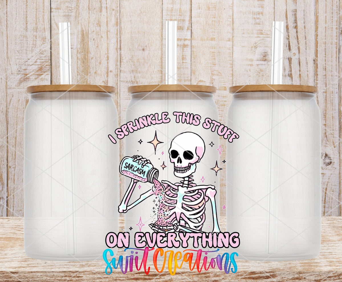 I Sprinkle This Stuff on Everything UV DTF transfer on frosted glass cans with bamboo lids