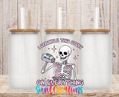 I Sprinkle This Stuff on Everything UV DTF transfer on frosted glass cans with bamboo lids