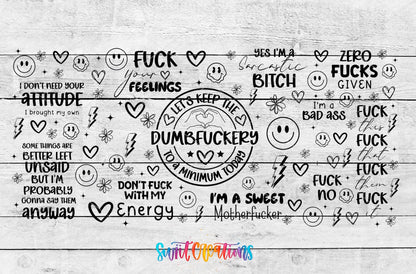Dumbf*ckery UV DTF full wrap artwork on a white wood background
