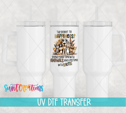 The Secret to Happiness UV DTF transfer on white 40 oz tumblers