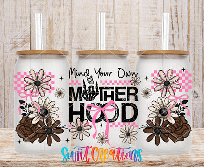 Mind Your Own Motherhood UV DTF full wrap on three clear glass cans with bamboo lids
