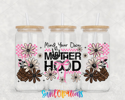 Mind Your Own Motherhood UV DTF full wrap on three glass cans