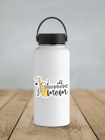 Saxophone Mom sticker on a white insulated water bottle