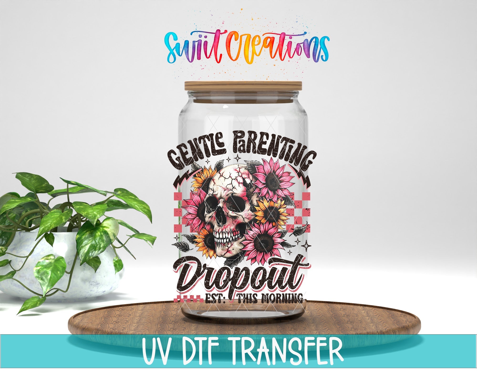 Scarcastic and Sassy Mom Group Dropout UV DTF transfer displayed on a clear jar mockup from Swiit Creations