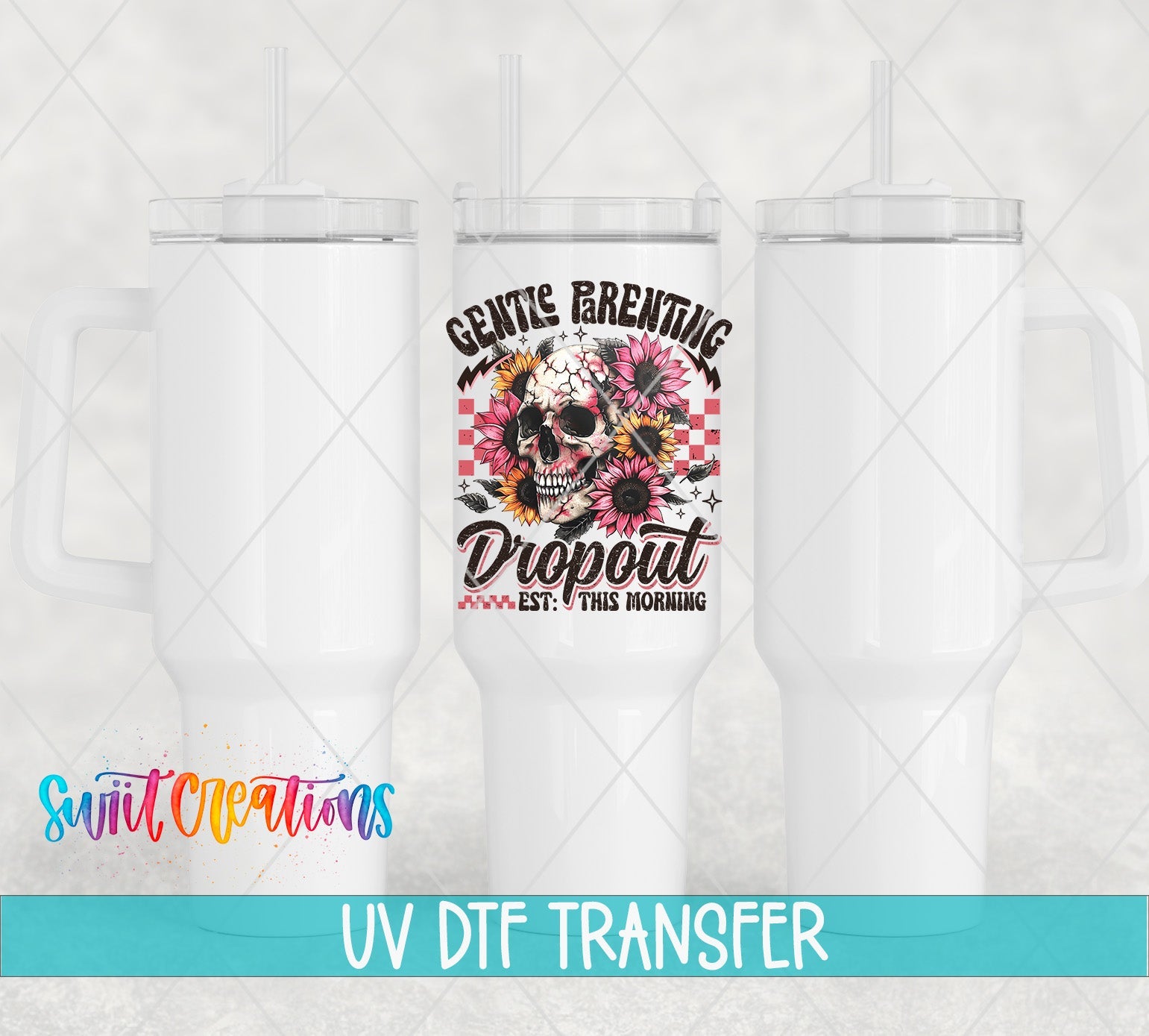 Scarcastic and Sassy Mom Group Dropout UV DTF transfer applied to a white tumbler set from Swiit Creations