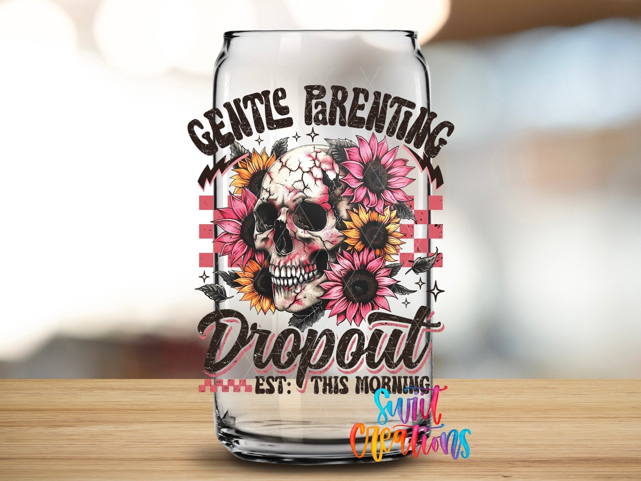 Scarcastic and Sassy Mom Group Dropout UV DTF transfer applied to a clear glass can from Swiit Creations
