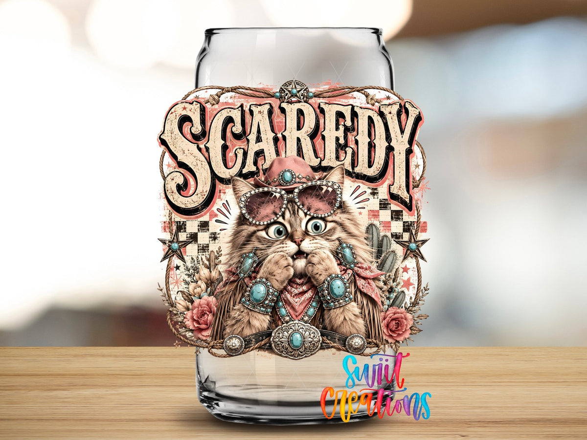 Scaredy Cat Western Cat UV DTF transfer applied to a clear glass can from Swiit Creations