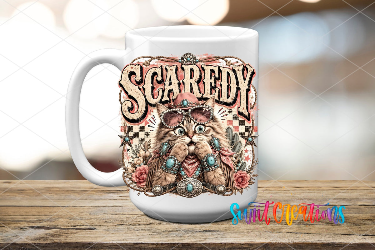 Scaredy Cat Western Cat UV DTF transfer displayed on a white ceramic mug from Swiit Creations