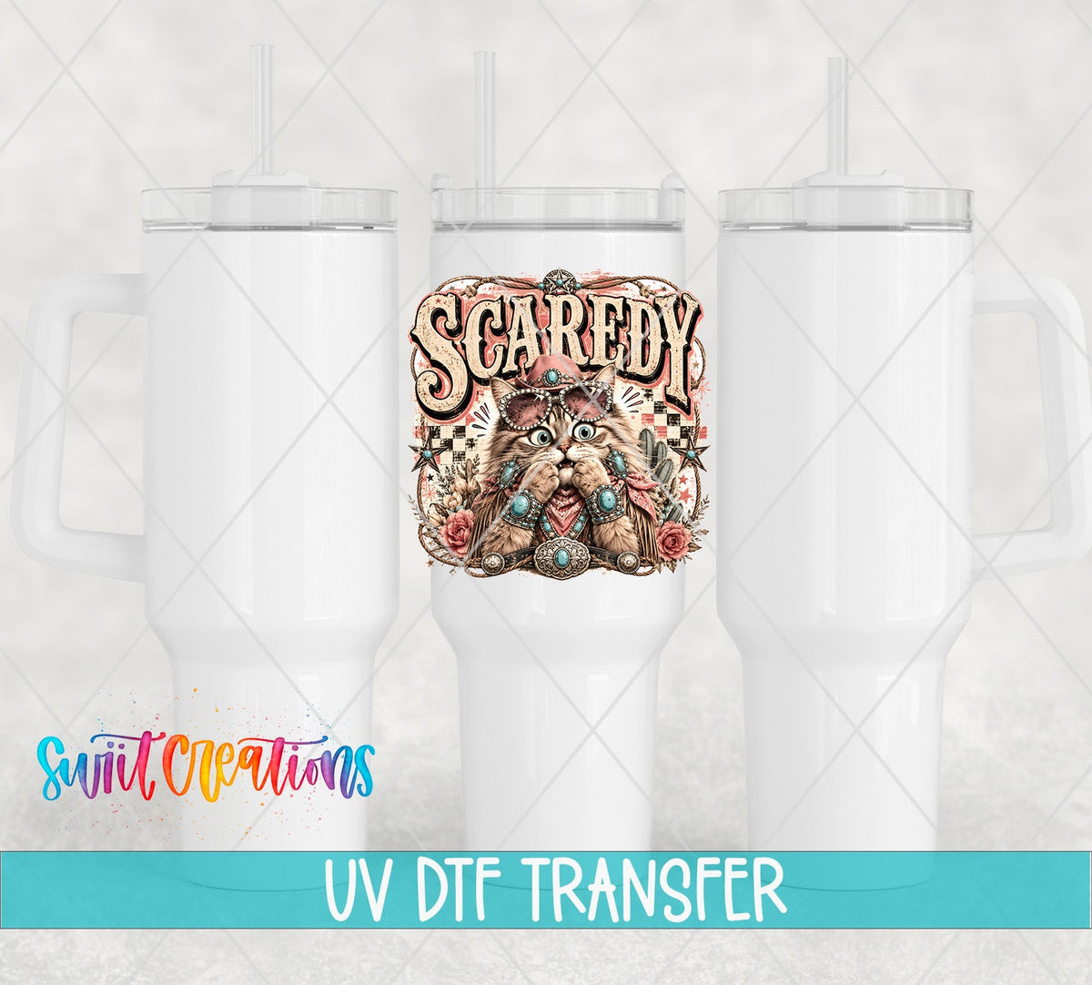 Scaredy Cat Western Cat UV DTF transfer applied to a white tumbler set from Swiit Creations