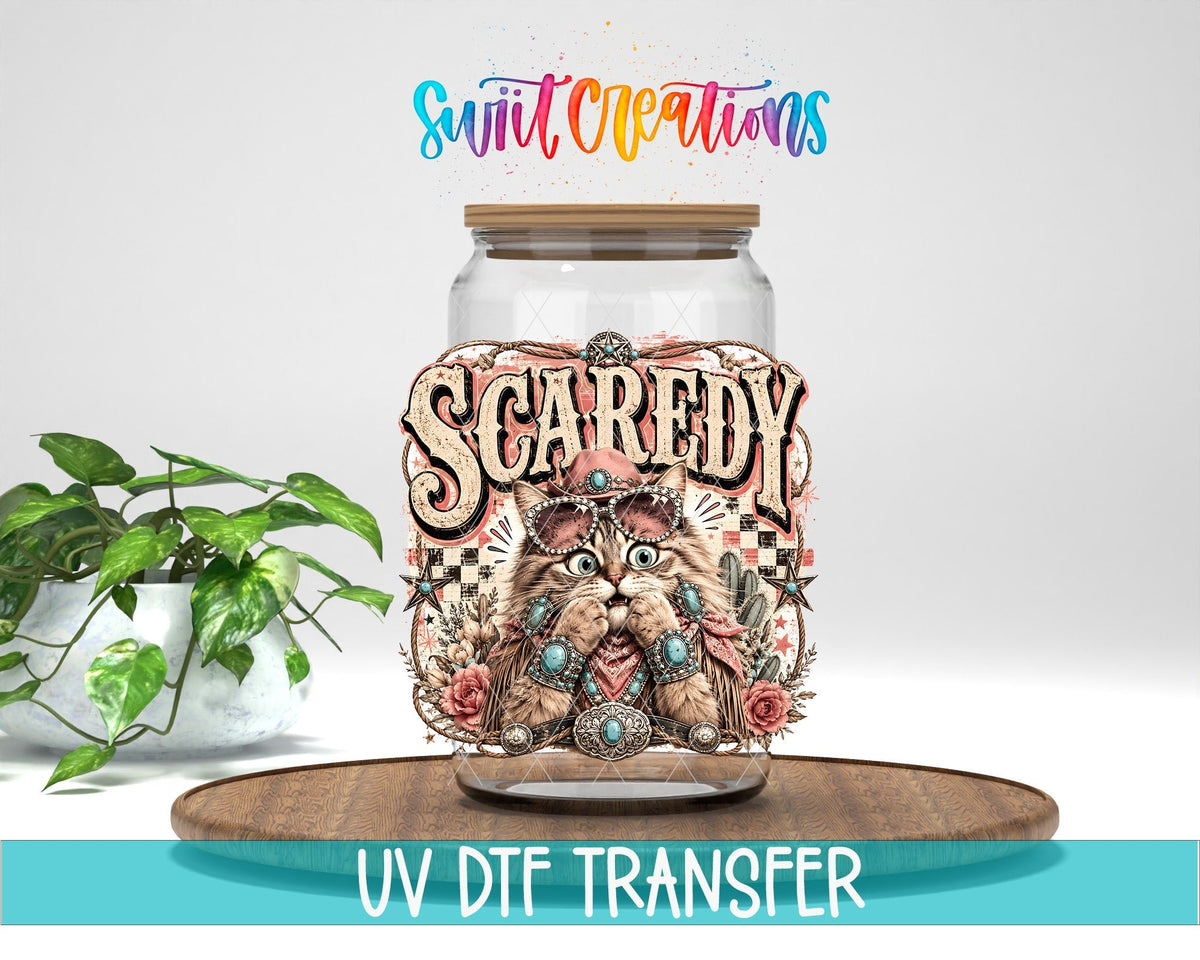Scaredy Cat Western Cat UV DTF transfer displayed on a clear jar mockup from Swiit Creations