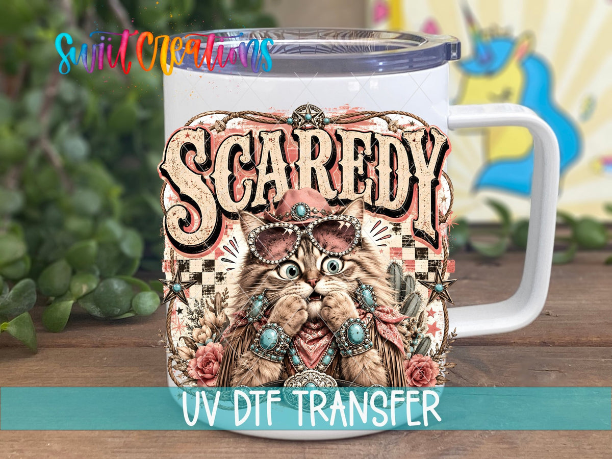 Scaredy Cat Western Cat UV DTF transfer displayed on a white coffee mug from Swiit Creations