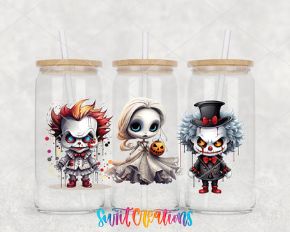 Scary Creatures UV DTF full wrap on three glass cans