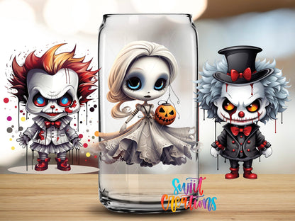 Close-up of the Scary Creatures UV DTF full wrap on a clear glass can