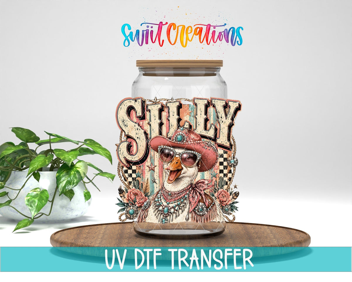 Silly Goose Western Goose UV DTF transfer displayed on a clear jar mockup from Swiit Creations