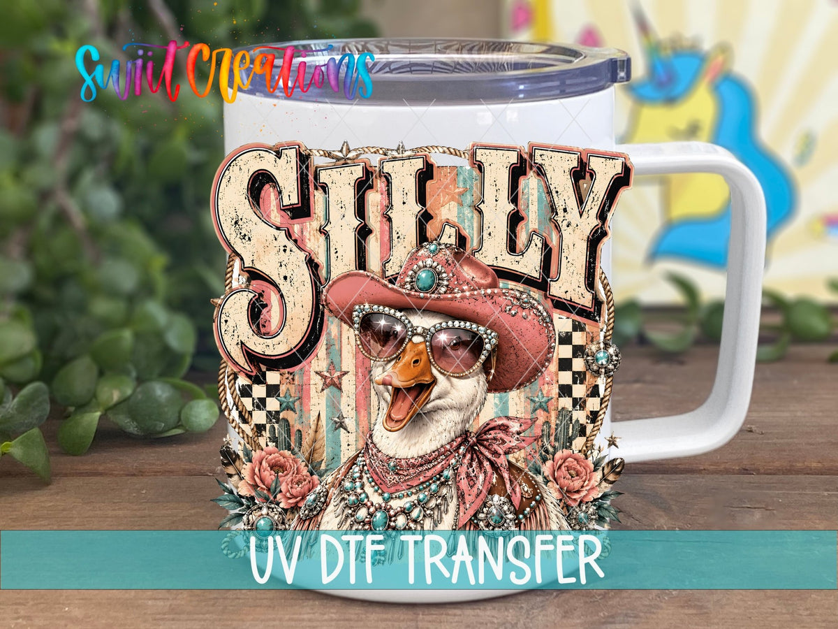 Silly Goose Western Goose UV DTF transfer displayed on a white coffee mug from Swiit Creations