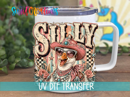 Silly Goose Western Goose UV DTF transfer displayed on a white coffee mug from Swiit Creations