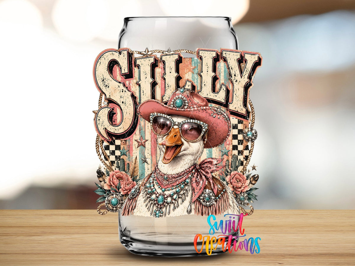 Silly Goose Western Goose UV DTF transfer applied to a clear glass can from Swiit Creations