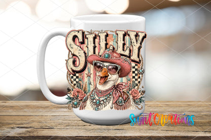 Silly Goose Western Goose UV DTF transfer displayed on a white ceramic mug from Swiit Creations