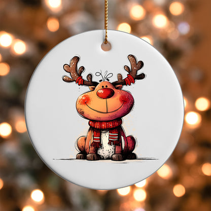 Sitting Reindeer ornament UV DTF transfer on a round white ornament with a bokeh light background