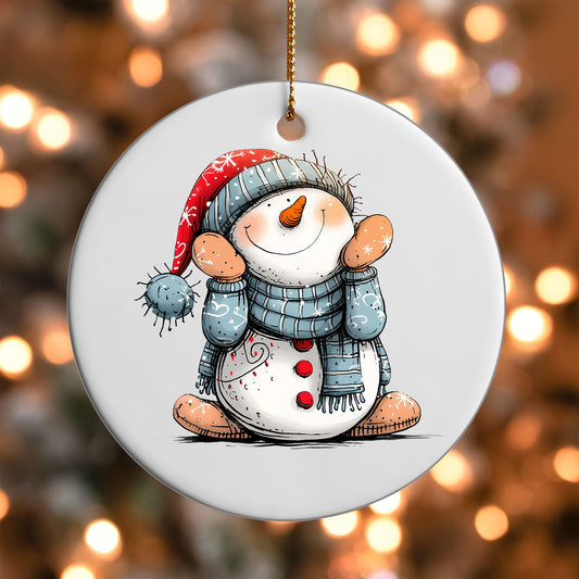 Sitting Snowman in Santa Hat ornament UV DTF transfer on a round white ornament with a bokeh light background