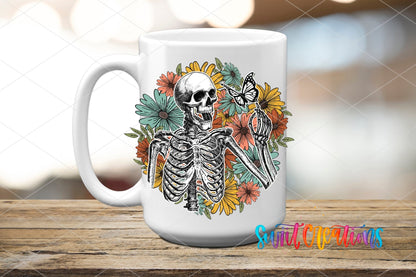 Retro Floral Skeleton UV DTF transfer on a white ceramic coffee mug