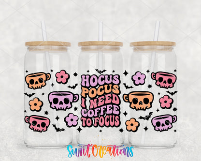 Hocus Pocus I Need Coffee to Focus skull mugs and bats UV DTF wrap on three glass cans