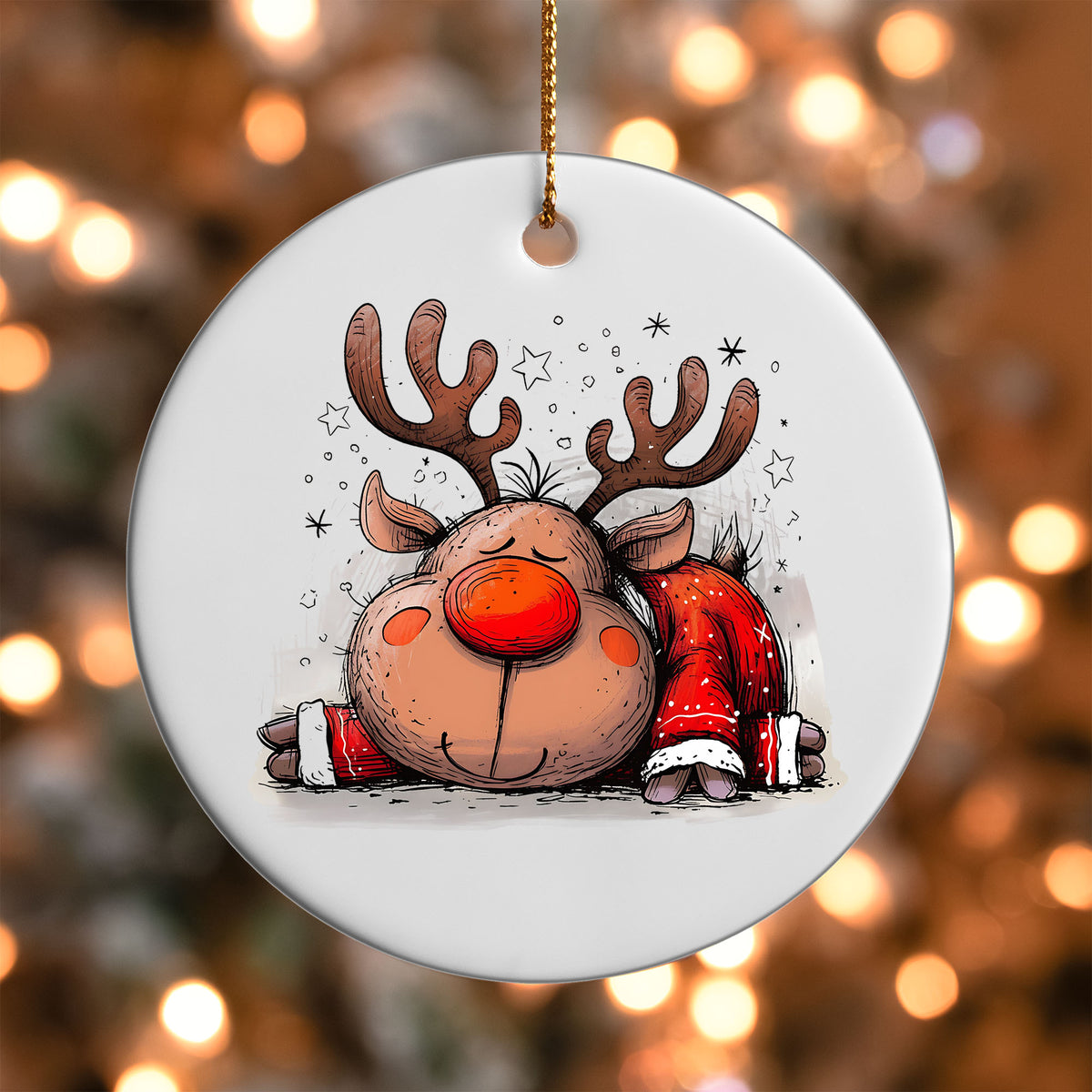 Sleepy Reindeer in Red ornament UV DTF transfer on a round white ornament with a bokeh light background
