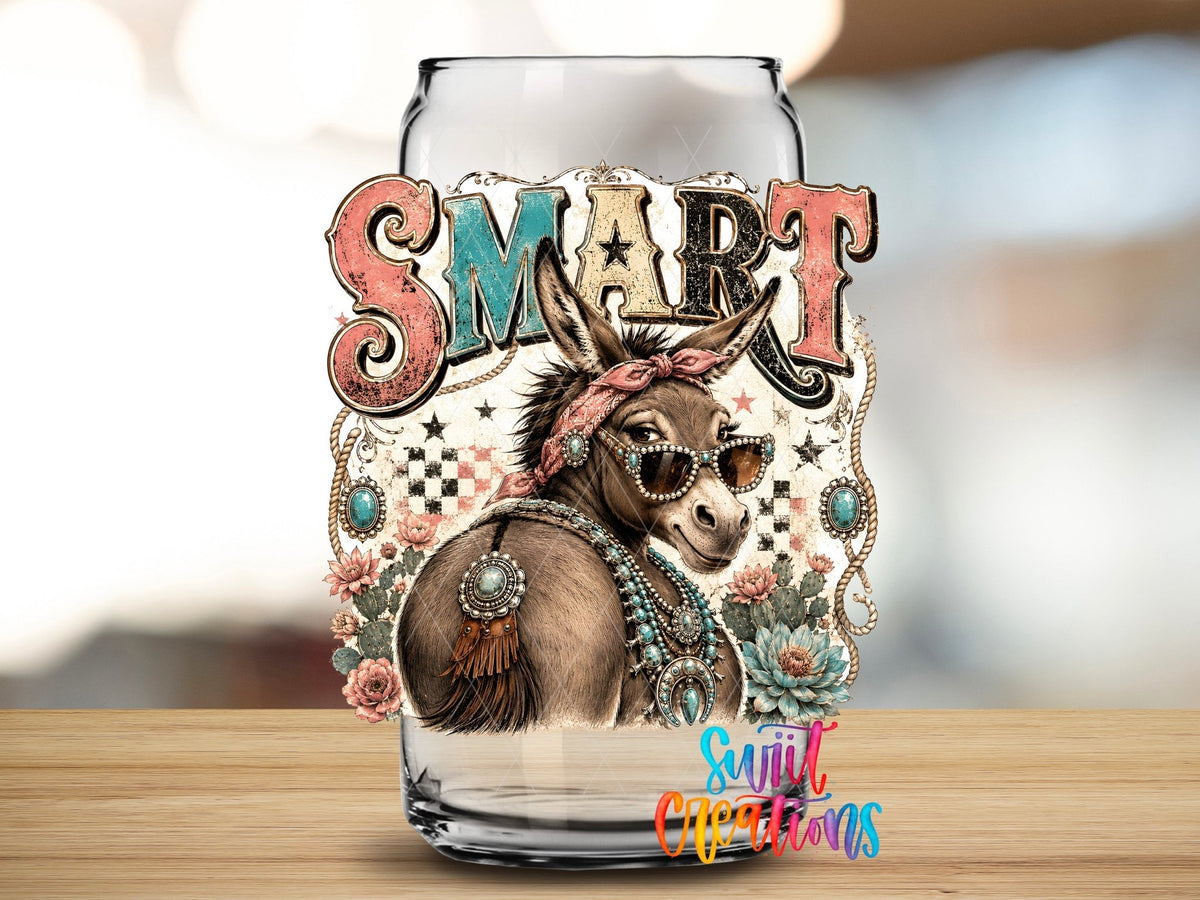 Smart Ass Western Donkey UV DTF transfer applied to a clear glass can from Swiit Creations