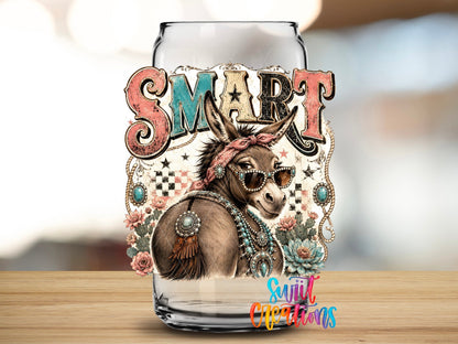 Smart Ass Western Donkey UV DTF transfer applied to a clear glass can from Swiit Creations