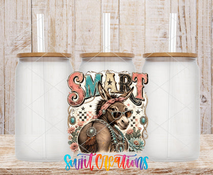 Smart Ass Western Donkey UV DTF transfer applied to a clear glass can set from Swiit Creations