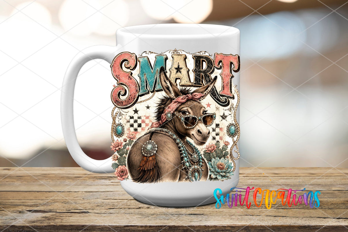 Smart Ass Western Donkey UV DTF transfer displayed on a white ceramic mug from Swiit Creations