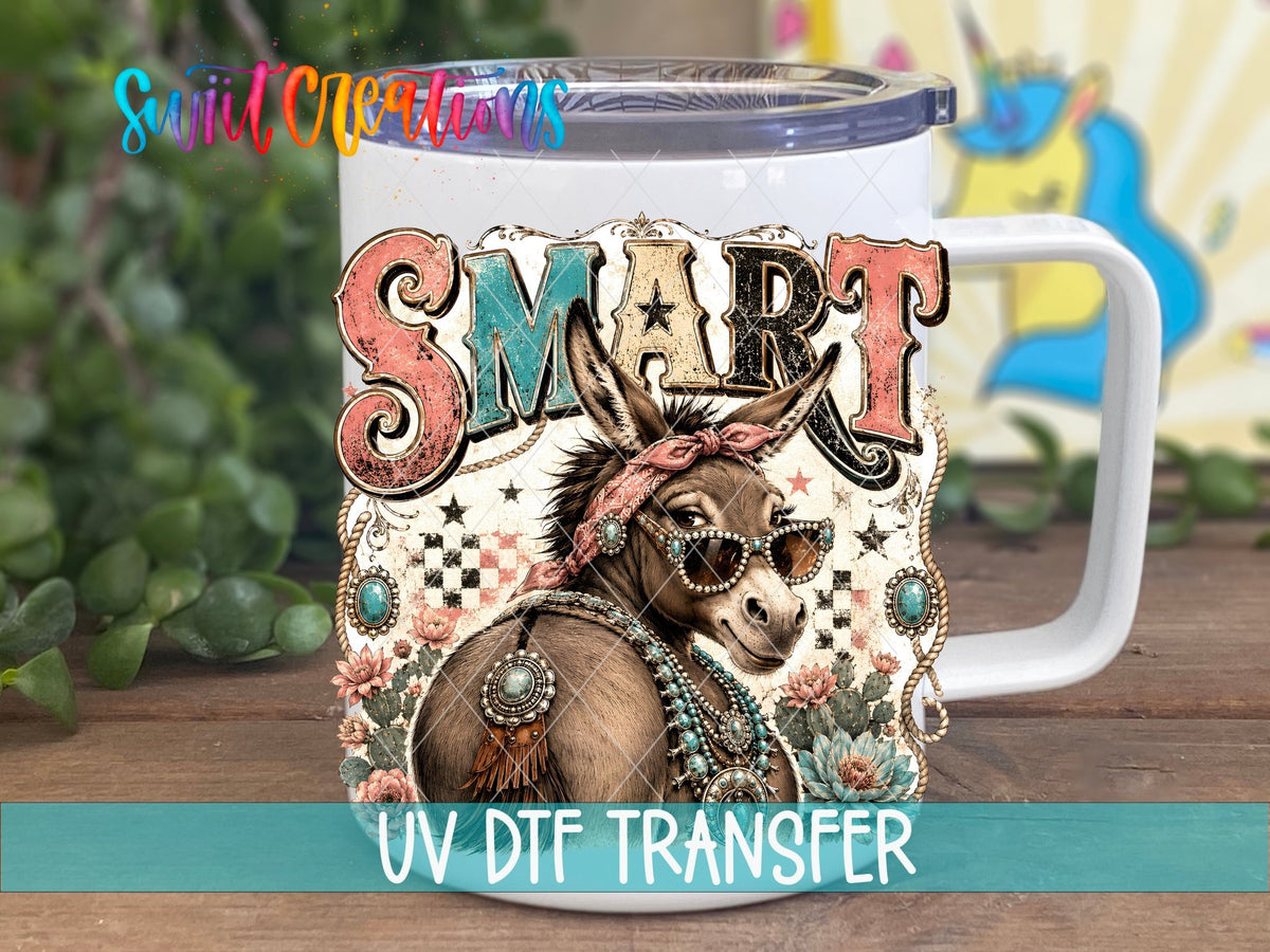 Smart Ass Western Donkey UV DTF transfer displayed on a white coffee mug from Swiit Creations