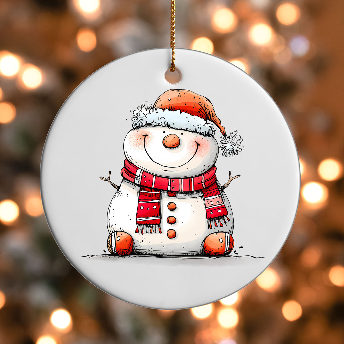 Smiling Snowman in Santa Hat ornament UV DTF transfer on a round white ornament with a bokeh light background