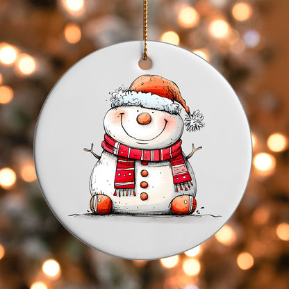 Smiling Snowman in Santa Hat ornament UV DTF transfer on a round white ornament with a bokeh light background