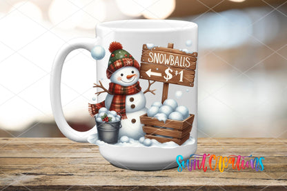 Snowballs $1 UV DTF transfer on a white ceramic coffee mug