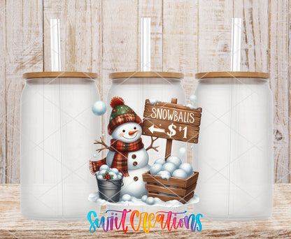 Snowballs $1 UV DTF transfer on frosted glass cans with bamboo lids