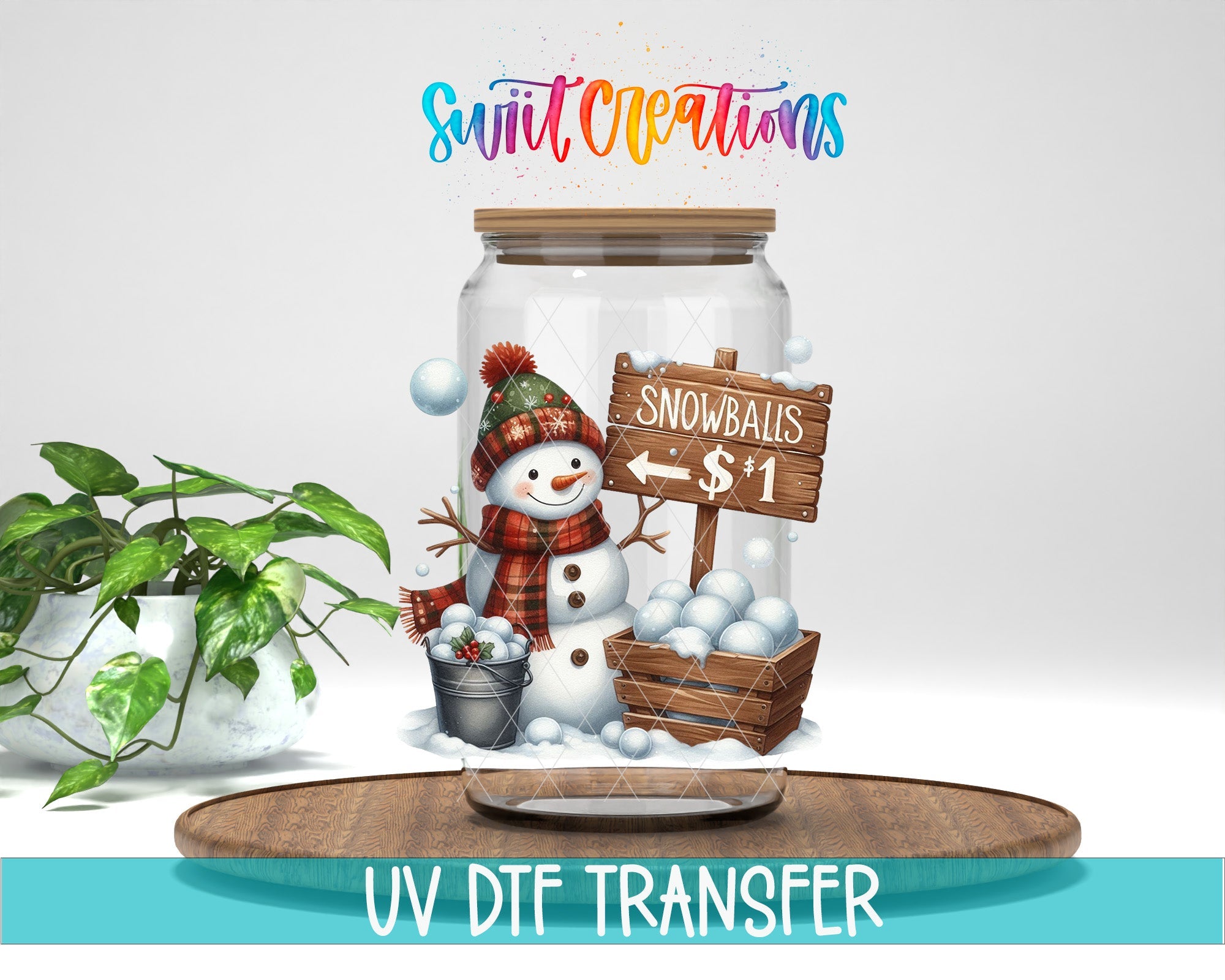 Swiit Creations UV DTF Snowballs Snowman Christmas transfer displayed on a clear jar mockup