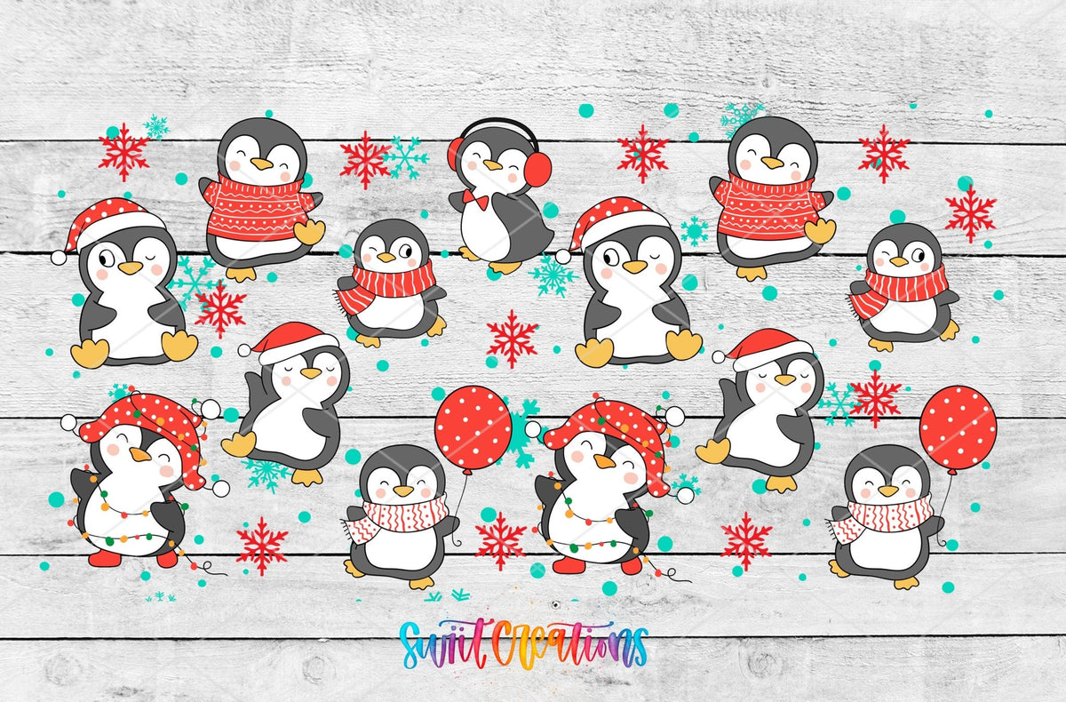Christmas Penguins UV DTF wrap artwork on a white wood background